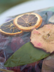 Dried orange slices and chunky apples with green botanicals.