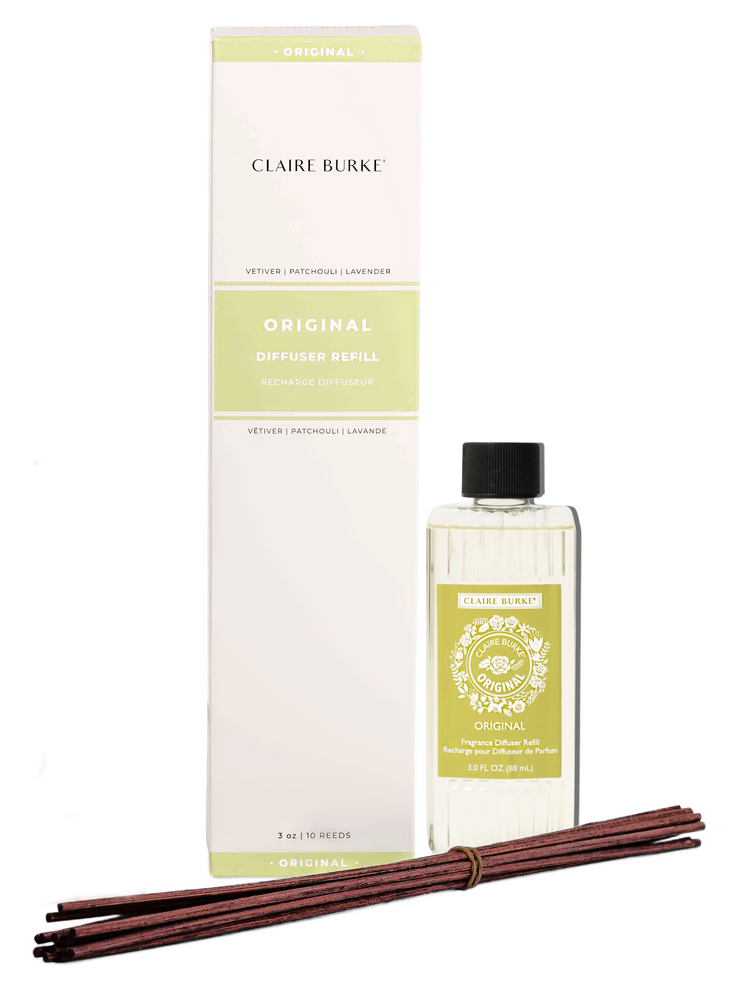 Displaying a graceful fusion of modern glass and elegant reeds, the fragrance diffuser is a flameless alternative way to surround your space with the timeless aroma of the Claire Burke® Original.