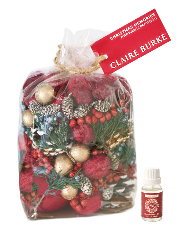 Decorative bag of Christmas botanicals with a bottle of Claire Burke Christmas Memories Fragrance Oil. The perfect decorative fragrance for Christmas time.